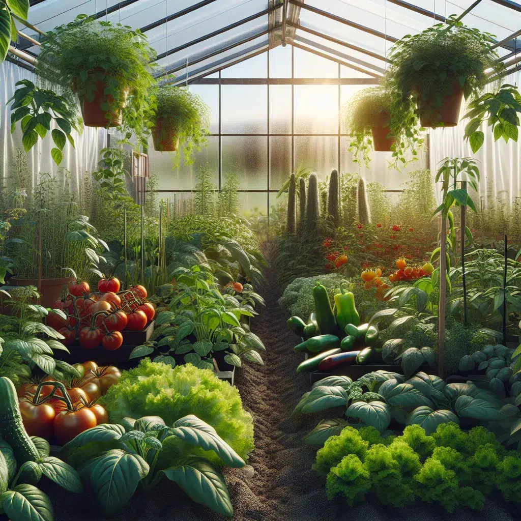 Imagen de diferentes cultivos en un invernadero, destacando variedad y salud de las plantas.