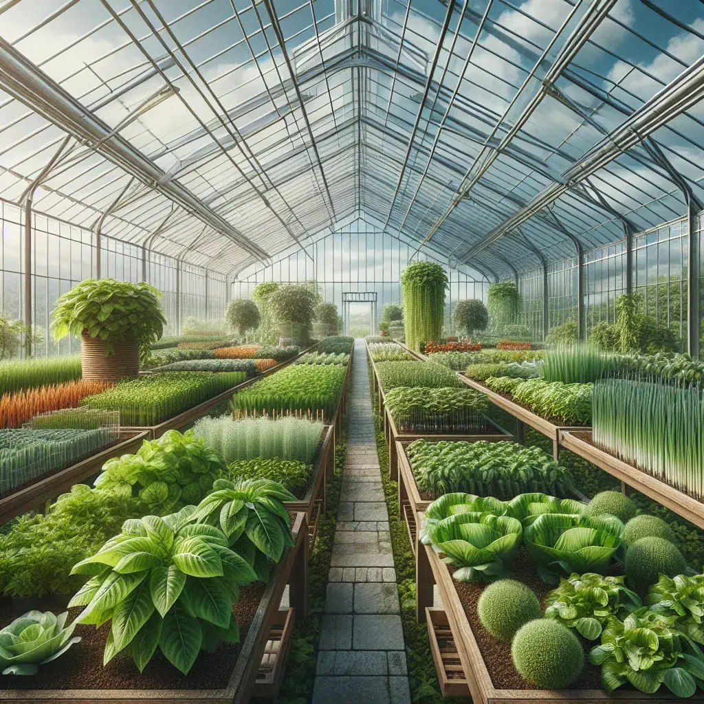 Imagen de un invernadero con variedad de cultivos en crecimiento, acompañado del título Top 5 cultivos ideales para cultivar en invernadero.