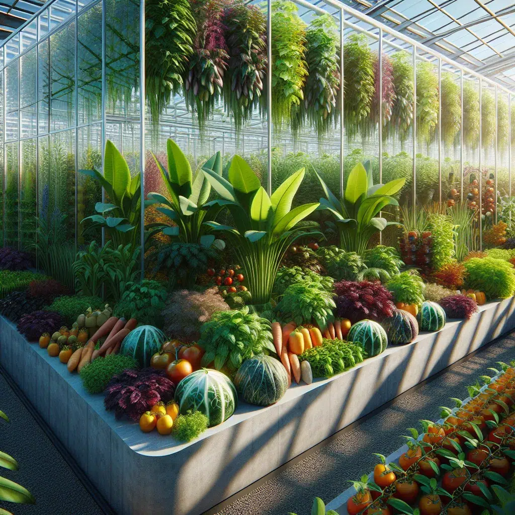Imagen mostrando diversos cultivos creciendo en un invernadero.