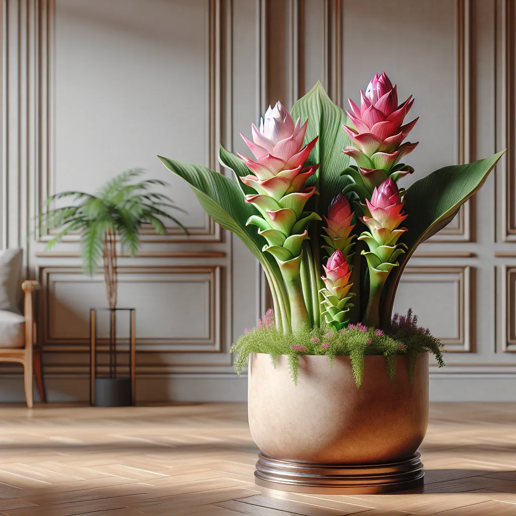 Imagen de una hermosa planta de tulipán de Siam en maceta, decorando un espacio interior con sus vibrantes y exóticas flores rosadas y verdes.