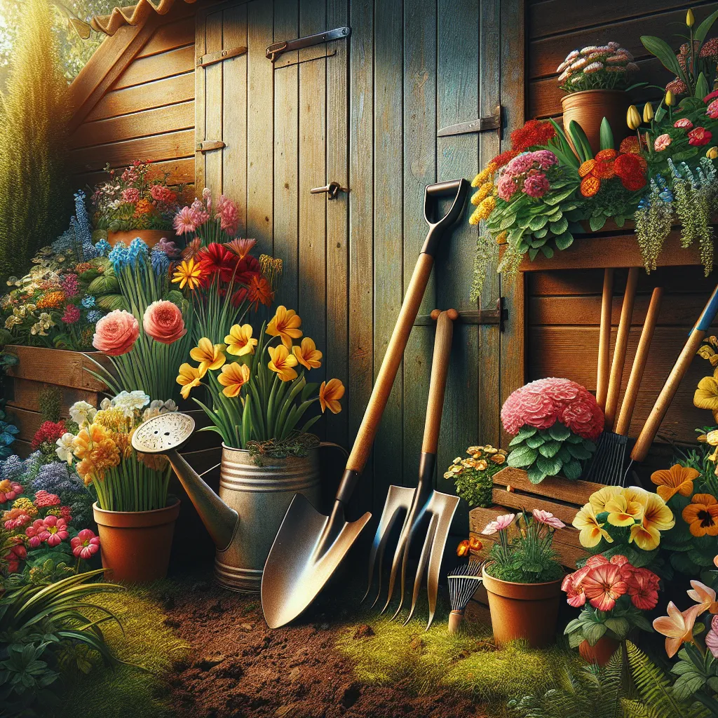 Imagen de un jardín con flores coloridas y herramientas de jardinería, listo para la primavera.