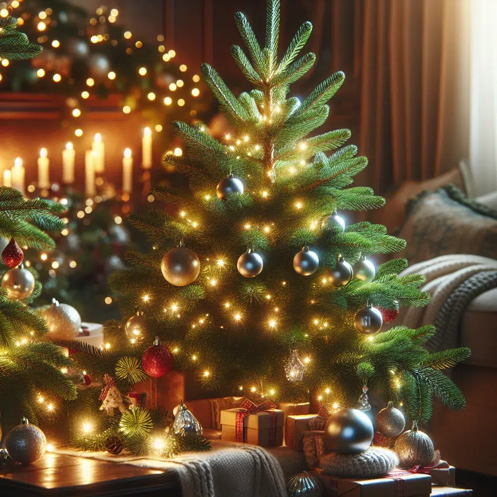 Imagen de un abeto de Navidad natural, frondoso y con agujas verdes y brillantes, decorado con luces y adornos navideños, en un ambiente acogedor y festivo.
