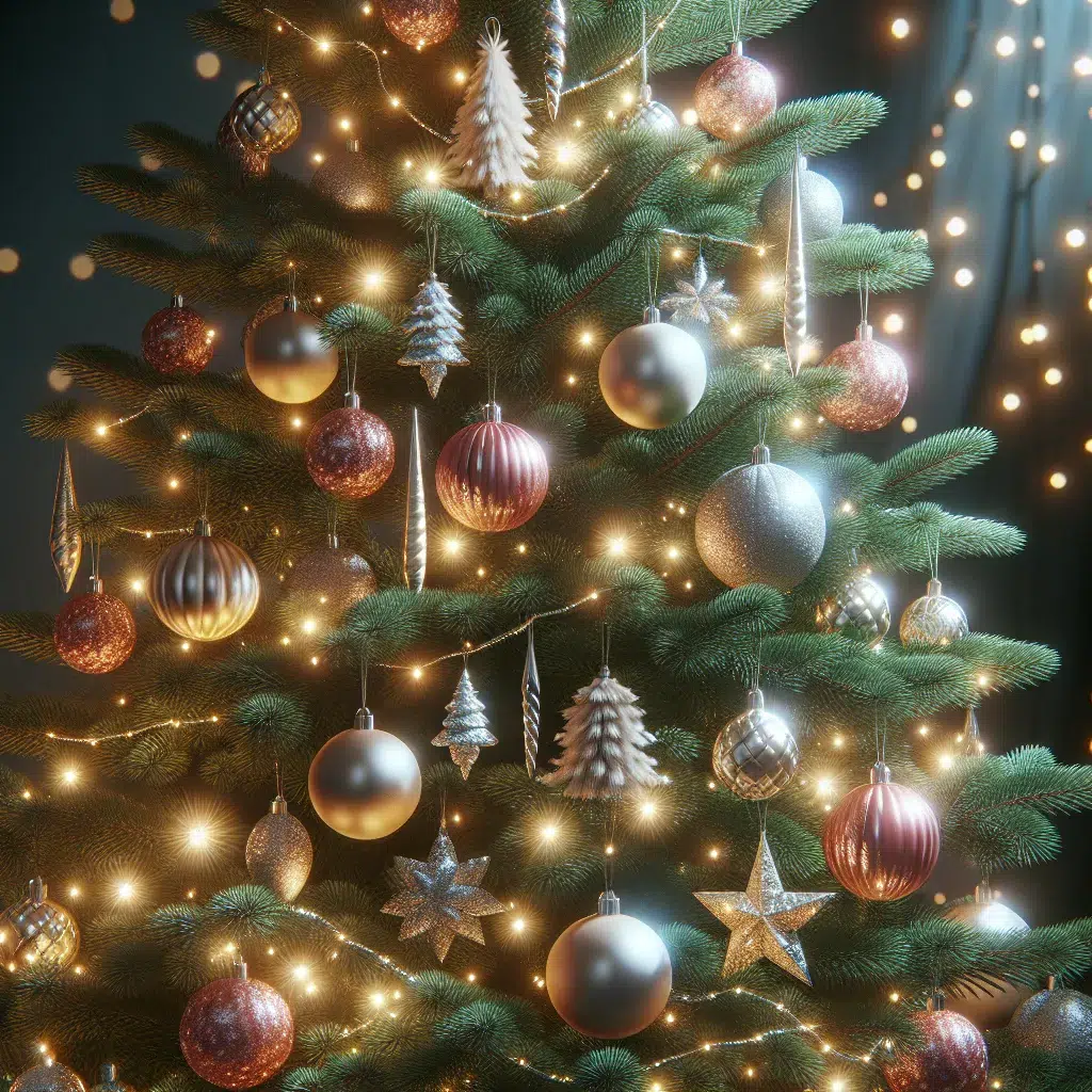Imagen de un abeto de Navidad natural bien cuidado y fresco, decorado con luces brillantes y adornos festivos.