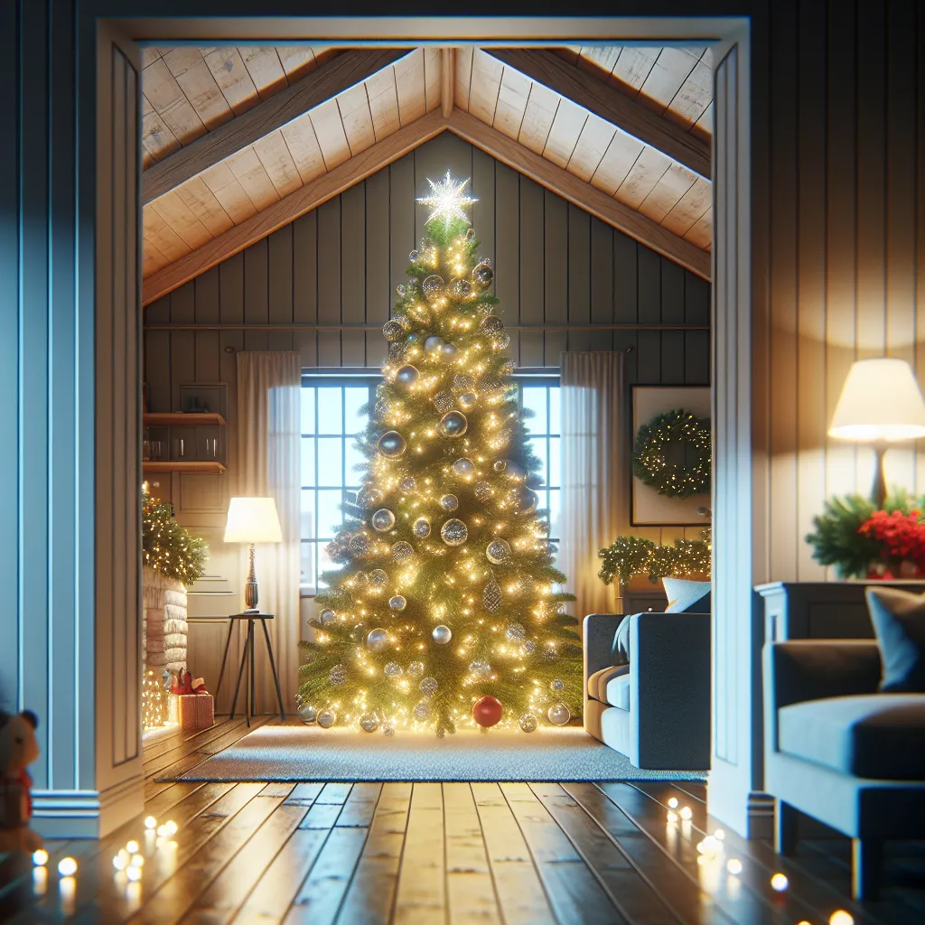 Abeto de Navidad decorado con luces y adornos navideños en un hogar acogedor