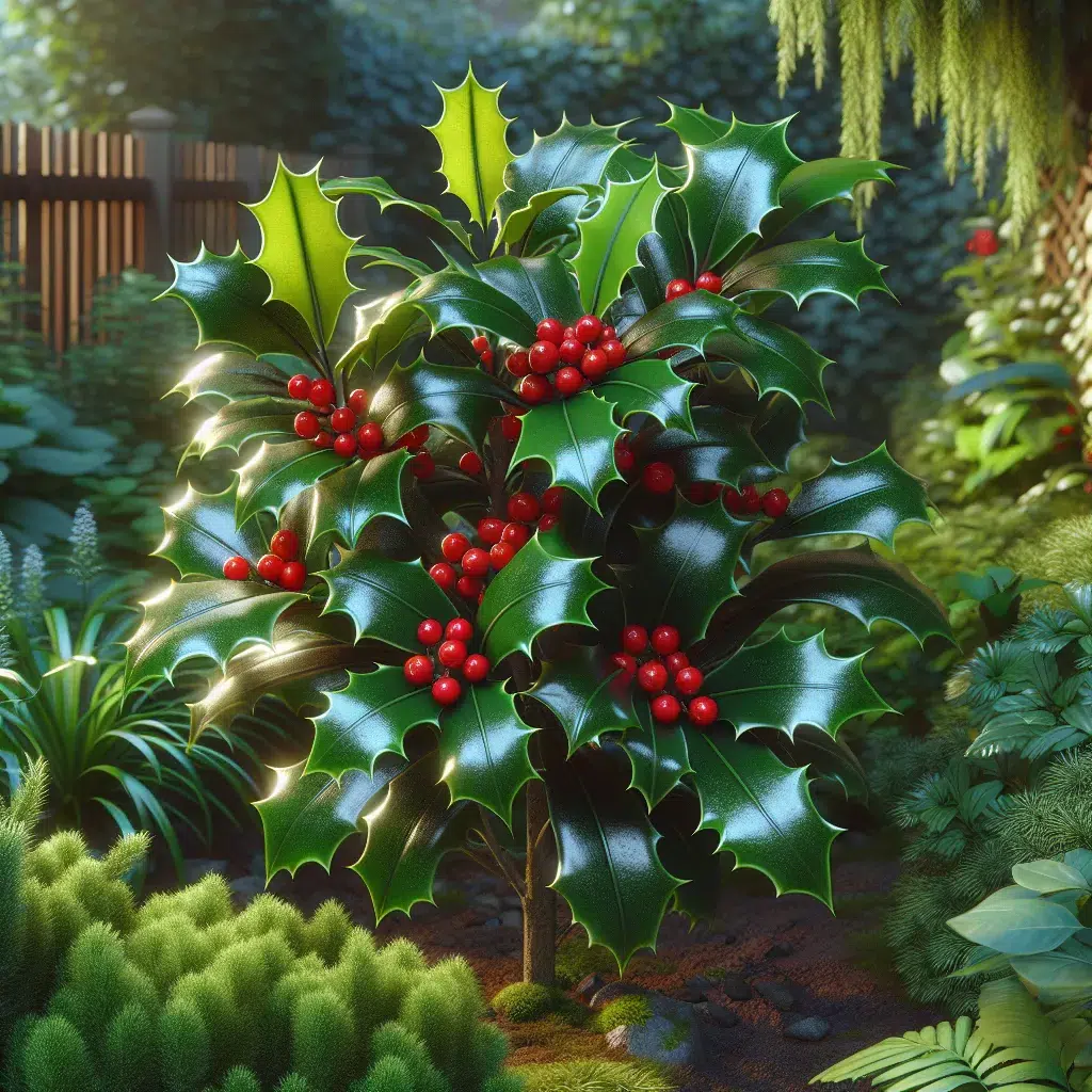 Imagen de un acebo saludable en un jardín, representando la prevención y tratamiento de enfermedades comunes en esta planta.