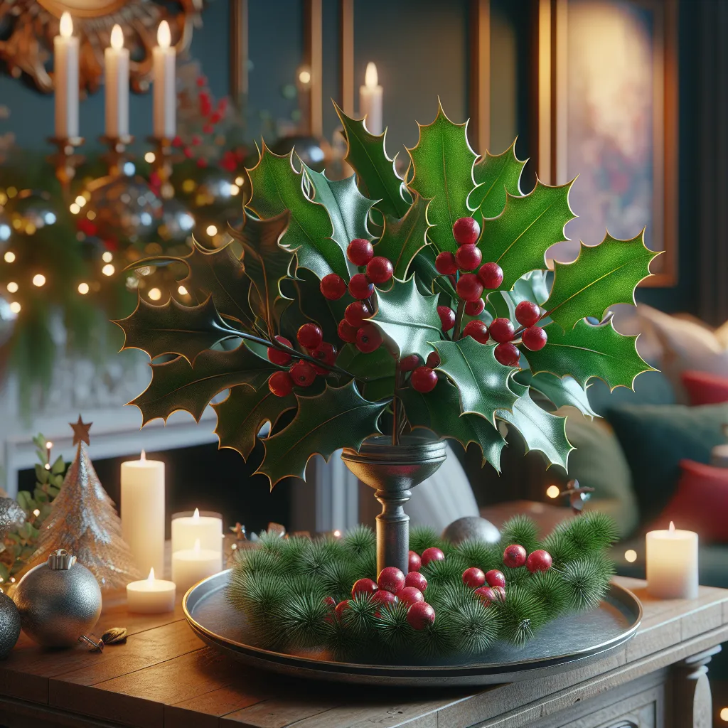Imagen de un acebo bien cuidado y decorativo en un ambiente hogareño festivo.