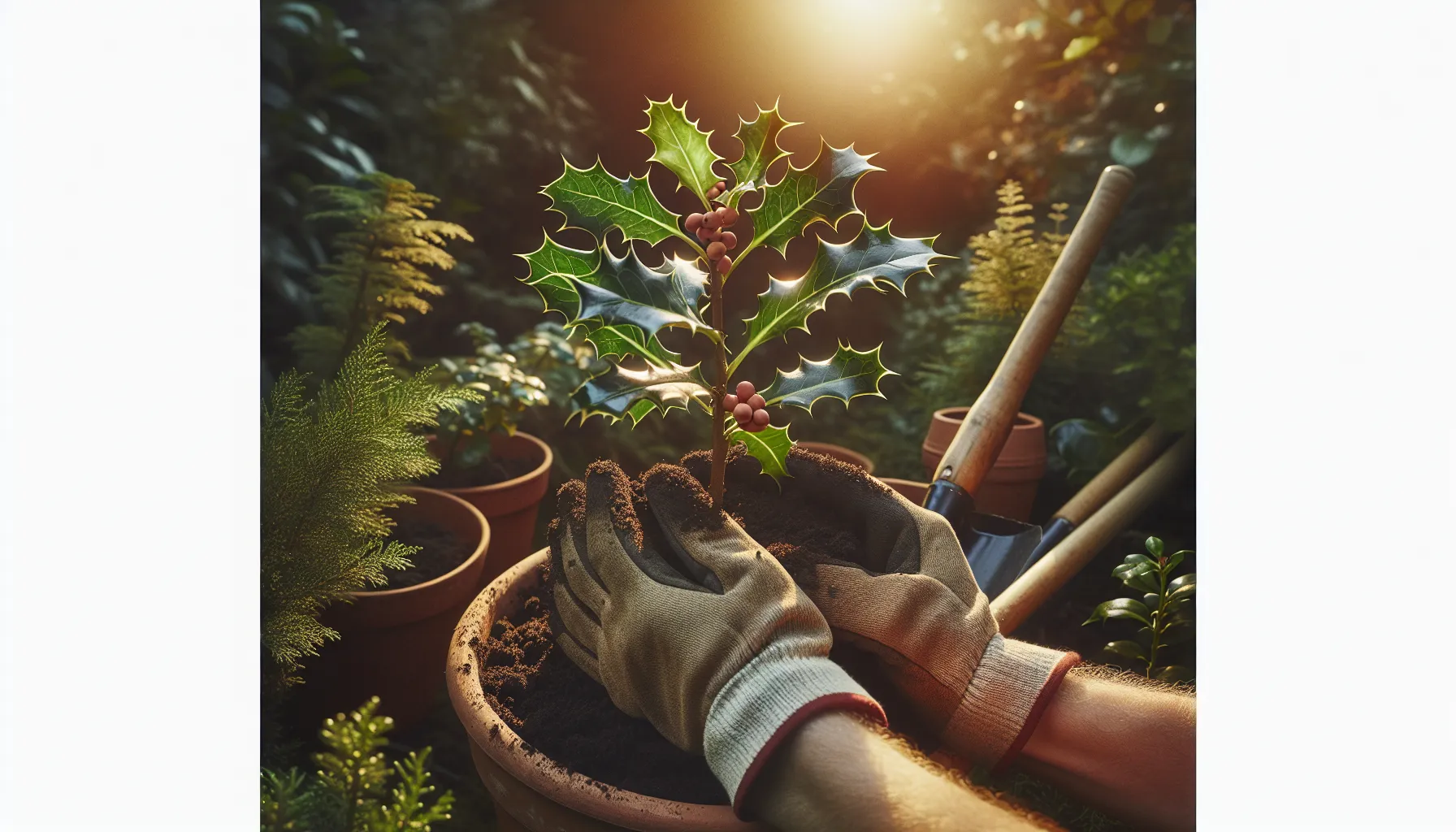 Imagen de manos trasplantando un acebo en una maceta en un jardín soleado y armonioso.
