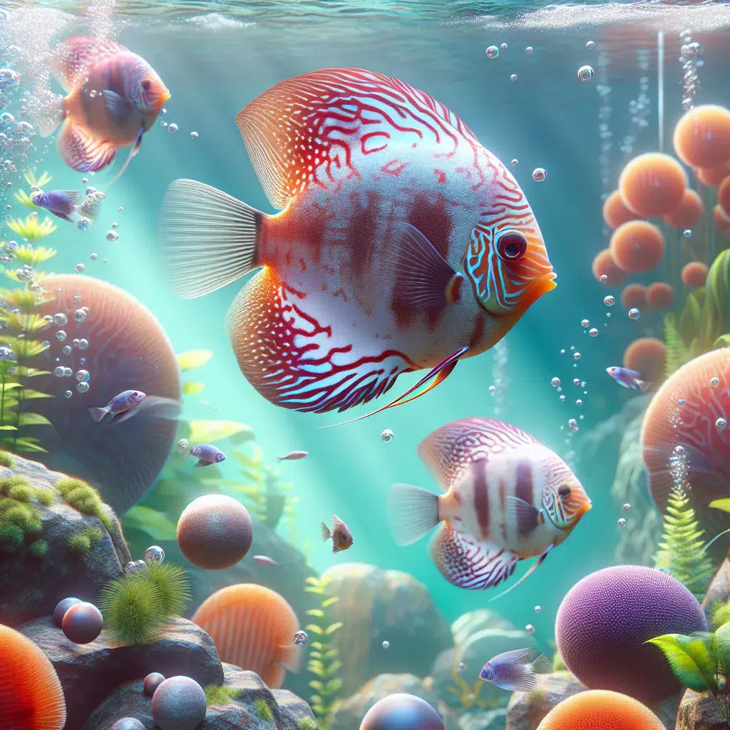 Imagen de un acuario con peces disco nadando en un entorno acuático limpio y armonioso, siguiendo los consejos de cuidado adecuados para su bienestar.