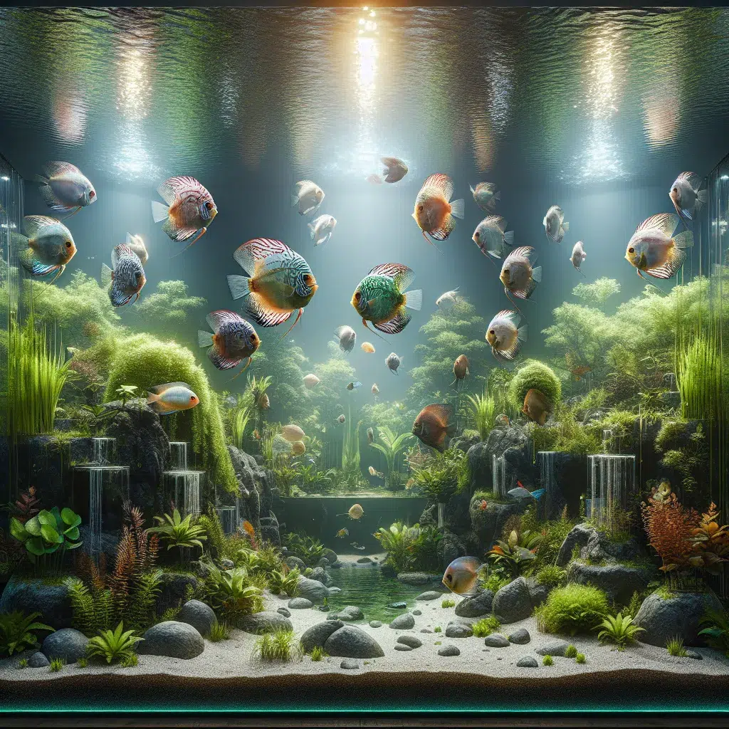 Imagen de un acuario con peces disco nadando en un entorno acuático saludable y bien cuidado.