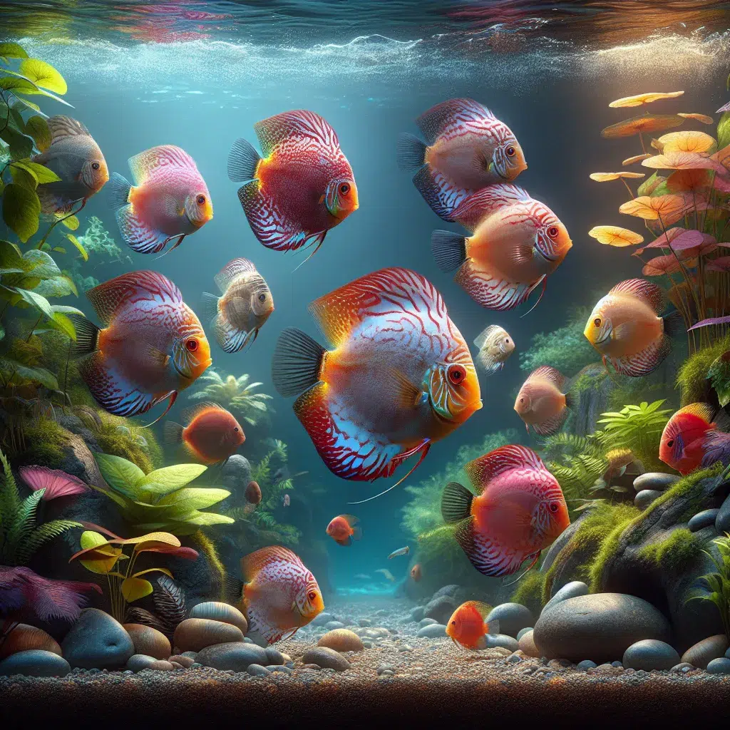 Imagen de un acuario con peces disco saludables nadando en un entorno limpio y bien cuidado.