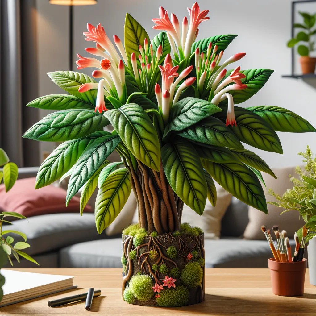 Imagen de una planta pintalabios en un entorno doméstico, mostrando sus hojas de color verde intenso y flores brillantes. La planta se ve saludable y bien cuidada.