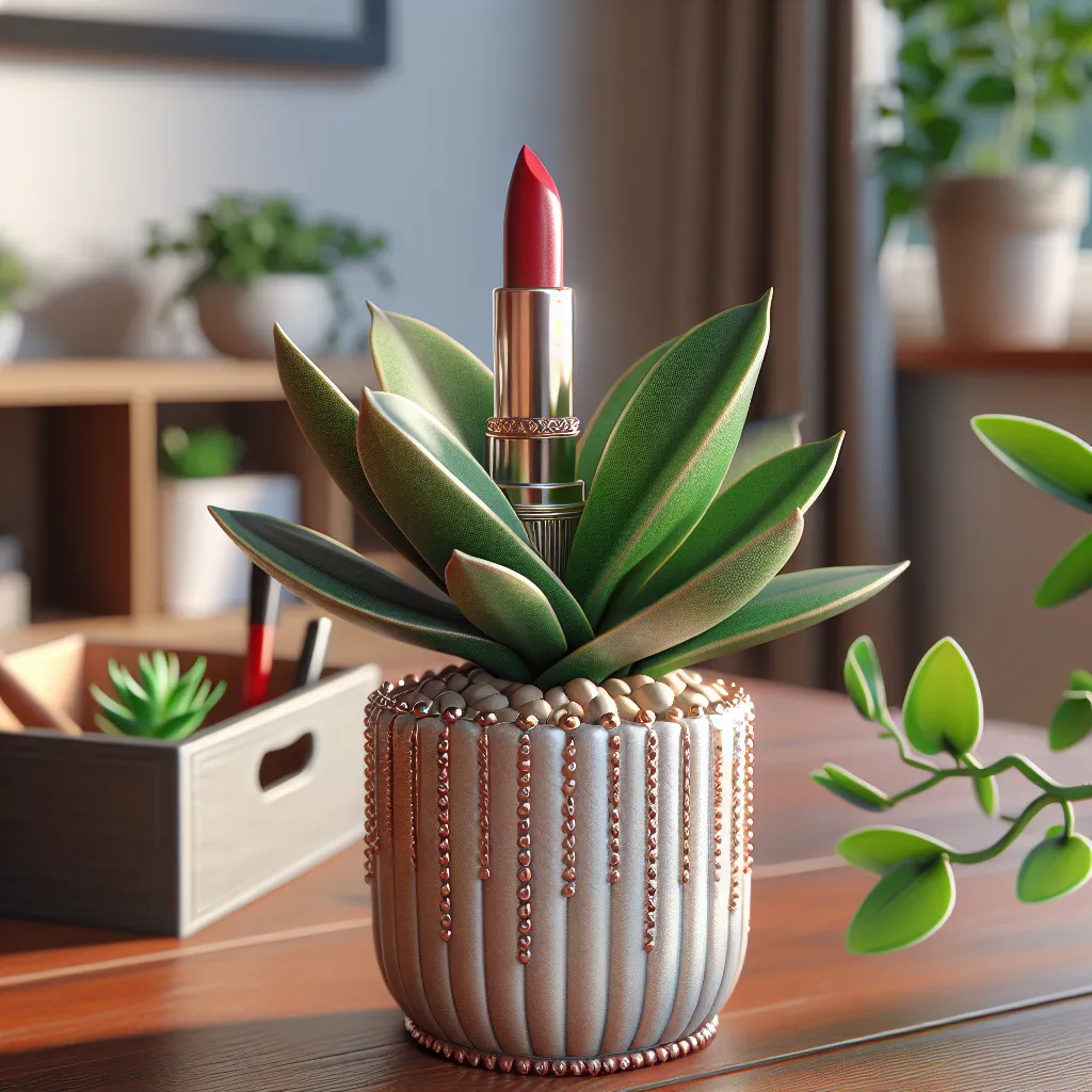 Imagen de una planta pintalabios en un macetero decorativo en un hogar, recibiendo la luz adecuada y agua en la cantidad correcta.