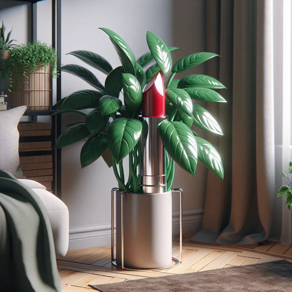 Imagen de una planta pintalabios con hojas verdes brillantes en un ambiente hogareño, mostrando la belleza de esta exótica planta de interior.