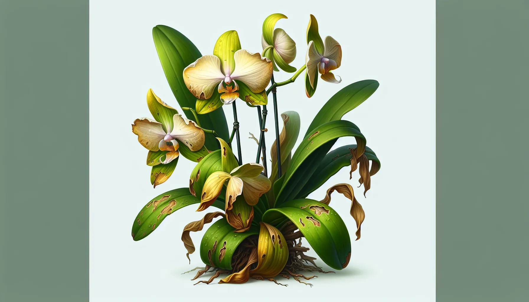 Imagen de una orquídea con hojas amarillentas y marchitas debido al riego excesivo.