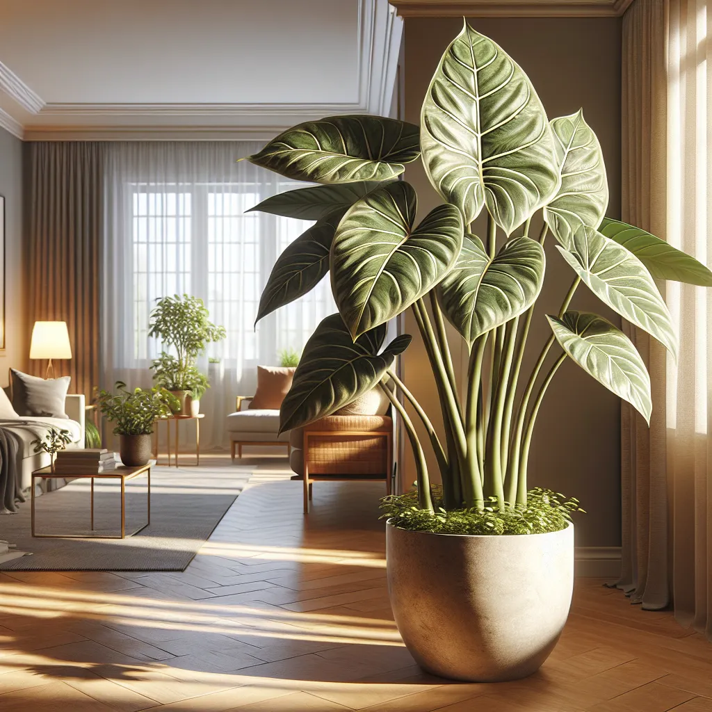 'Imagen de una hermosa planta Alocasia Polly en una maceta en un ambiente hogareño bien iluminado'.