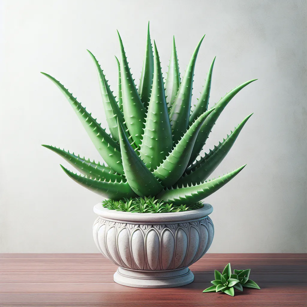 Imagen de una planta de Aloe vera saludable y vibrante, mostrando hojas gruesas y verdes en una maceta decorativa.