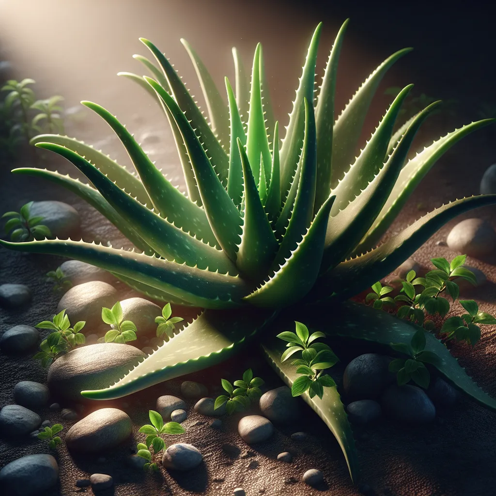 Imagen de una planta de Aloe vera saludable y vibrante, con hojas verdes y carnosas, iluminada por la luz del sol.