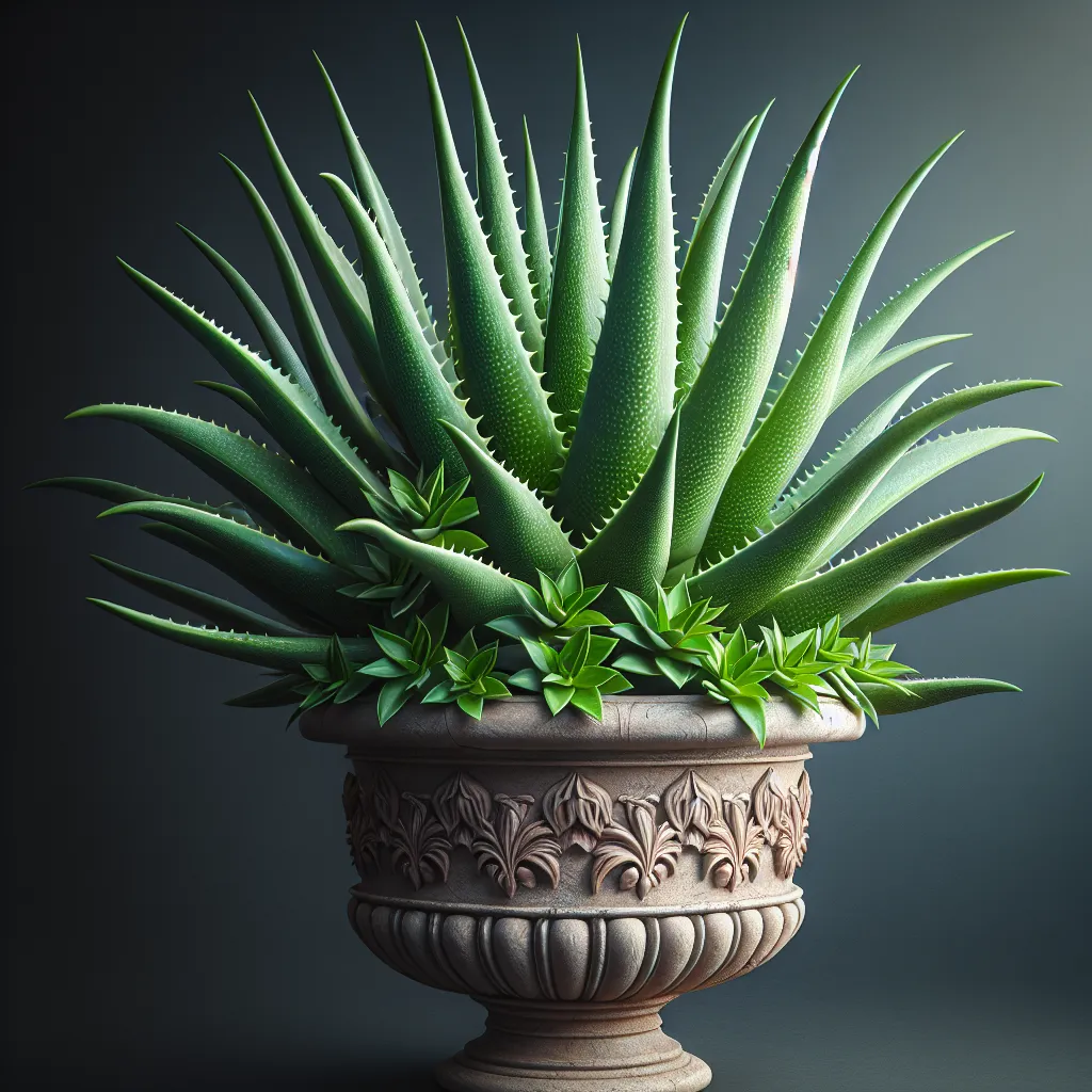 Imagen de una planta de Aloe vera saludable y vibrante, mostrando hojas gruesas y verdes en una maceta decorativa