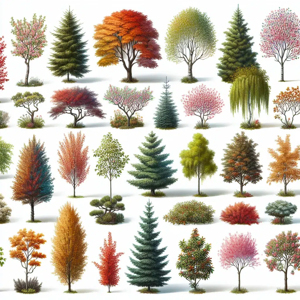 Imagen de diferentes tipos de árboles pequeños ideales para jardines, en una variedad de colores y formas.