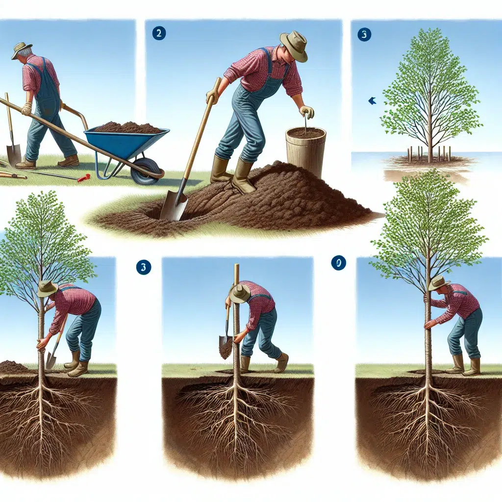 Imagen de paso a paso ilustrado sobre la plantación de árboles a raíz desnuda.