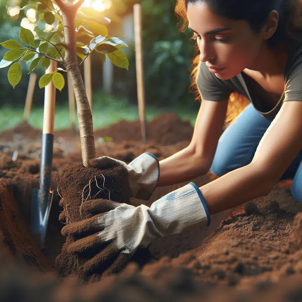 Imagen de una persona plantando un árbol con raíz desnuda siguiendo los pasos adecuados para una siembra exitosa.