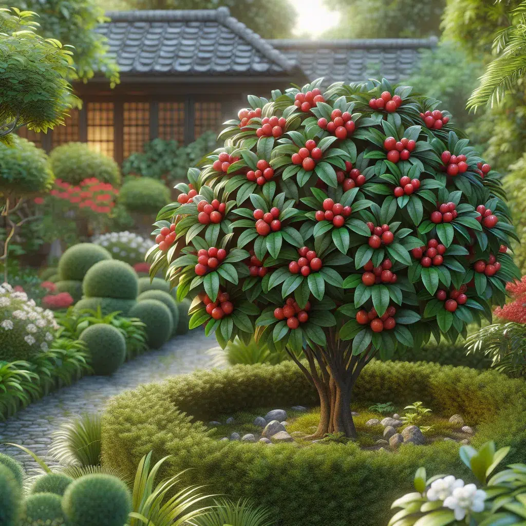 Arbusto Ardisia crenata con hojas verdes y frutos rojos en un hermoso jardín cuidado con cariño.