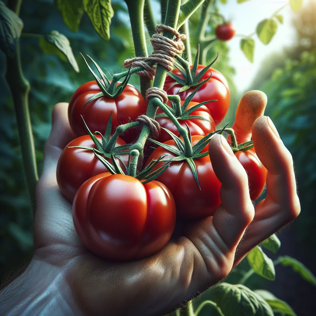 Imagen ilustrativa de tomates atados con cuidado para promover un óptimo crecimiento en el cultivo.
