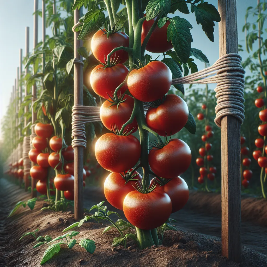 Imagen de tomates atados a un tutor en un huerto, ilustrando la técnica para un crecimiento óptimo.