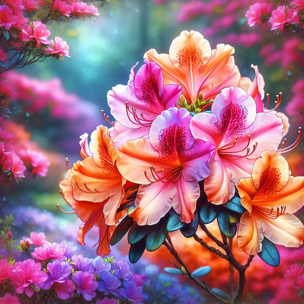 Imagen de una hermosa azalea en plena floración, destacando su colorido y belleza en un jardín exuberante y cuidado.