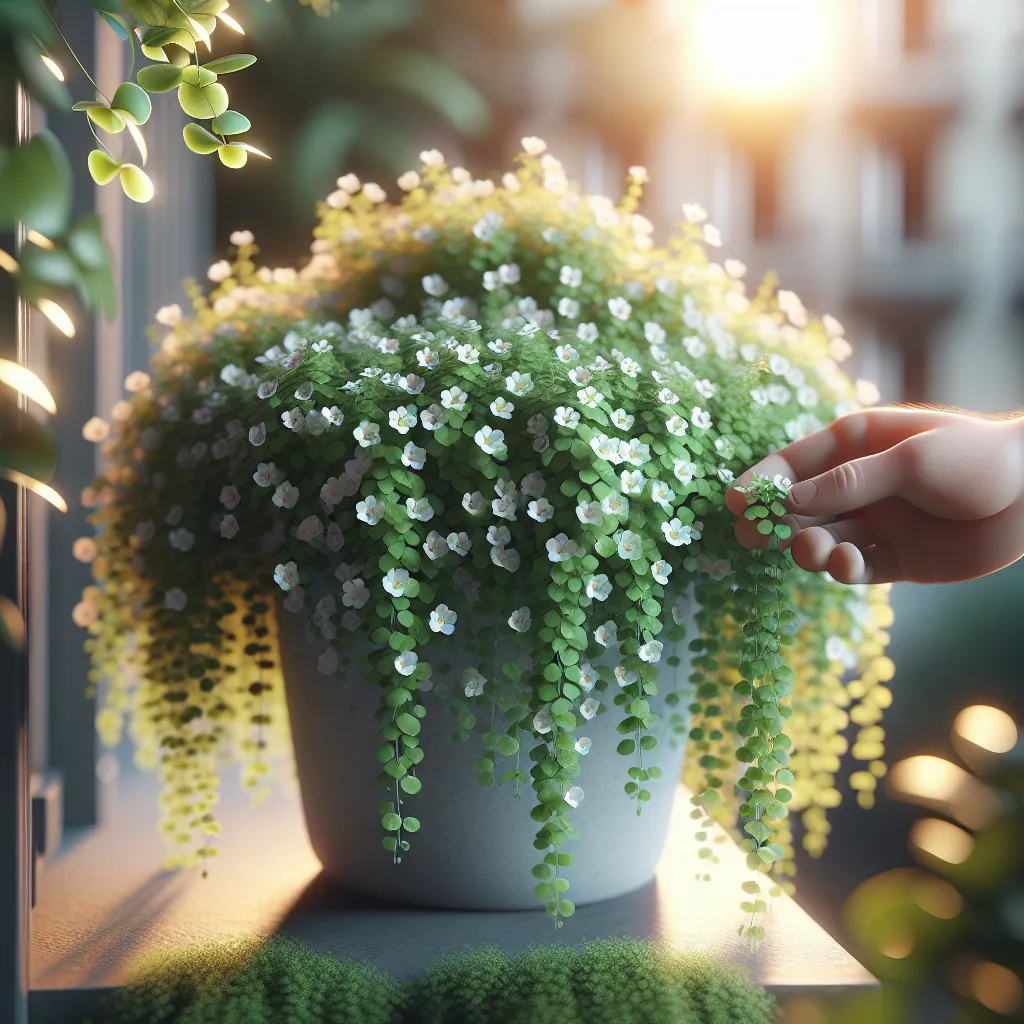 Imagen de una hermosa planta de Bacopa siendo cuidada con cariño en un entorno interior al aire libre.