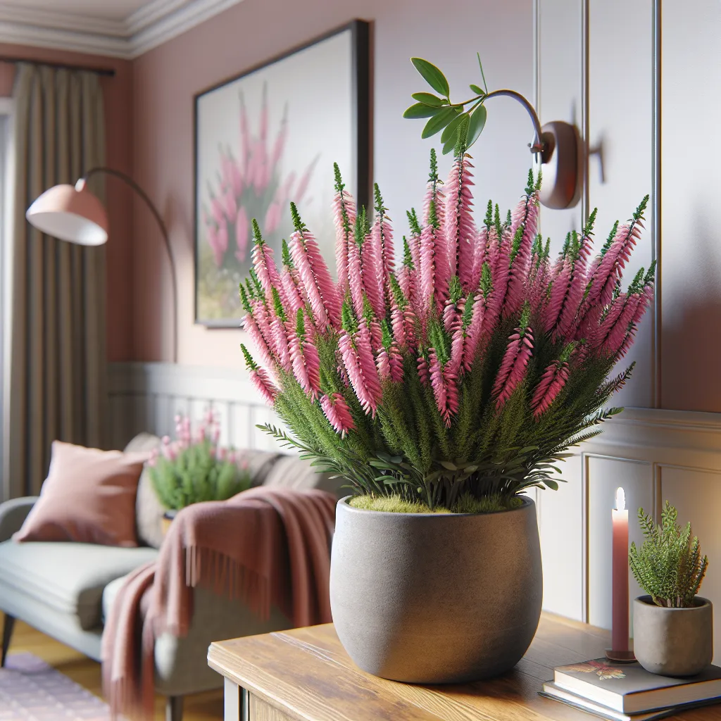 'Brezo rosa en maceta bien cuidado en un hogar, con flores vibrantes y hojas brillantes'.