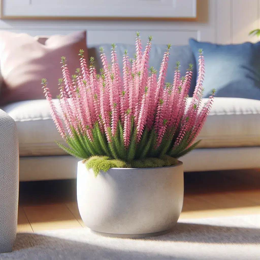 Brezo rosa en maceta, mantenido con cuidado en un hogar acogedor, mostrando su belleza en plena floración.