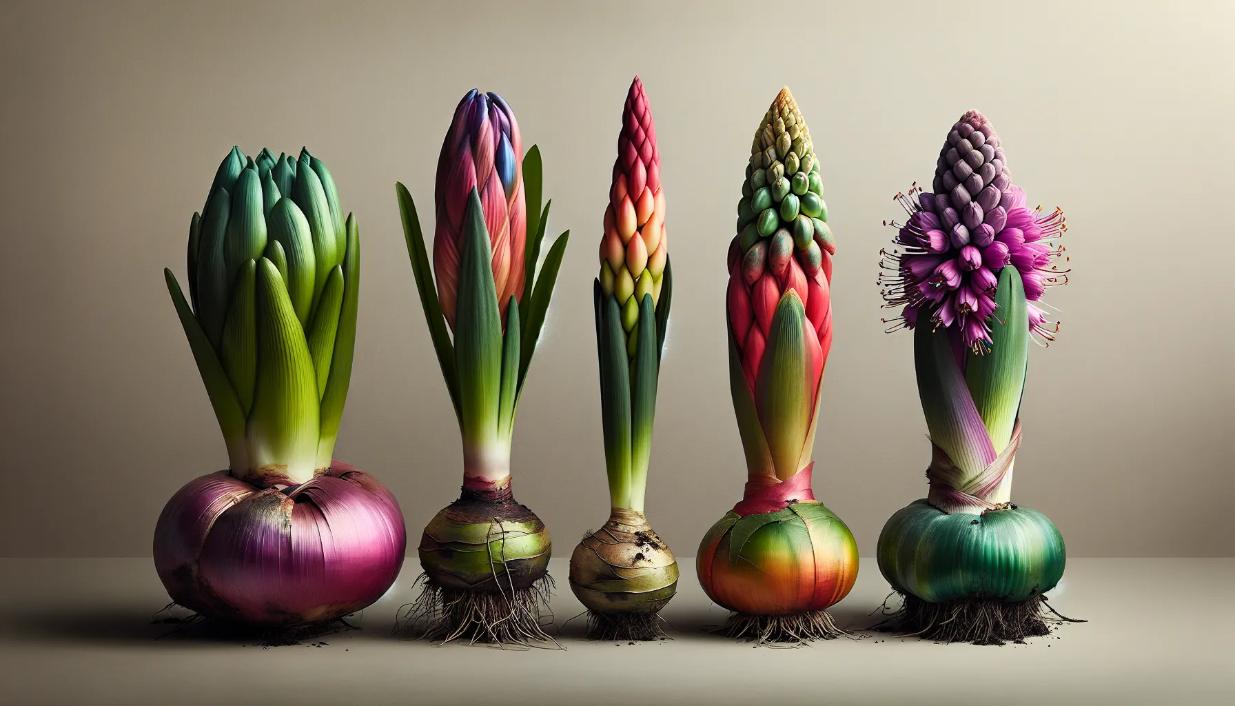 Imagen de cinco variedades coloridas de bulbos de invierno listos para ser plantados en un jardín.