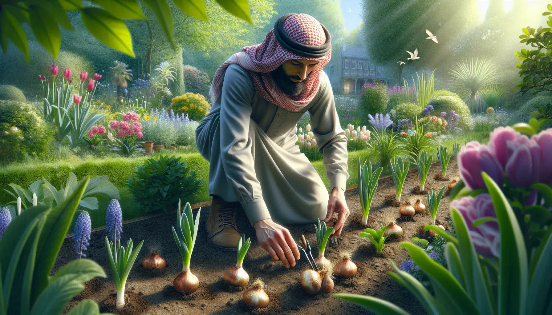 Imagen de un jardín con una persona plantando bulbos de verano siguiendo los pasos adecuados para su correcto cultivo.