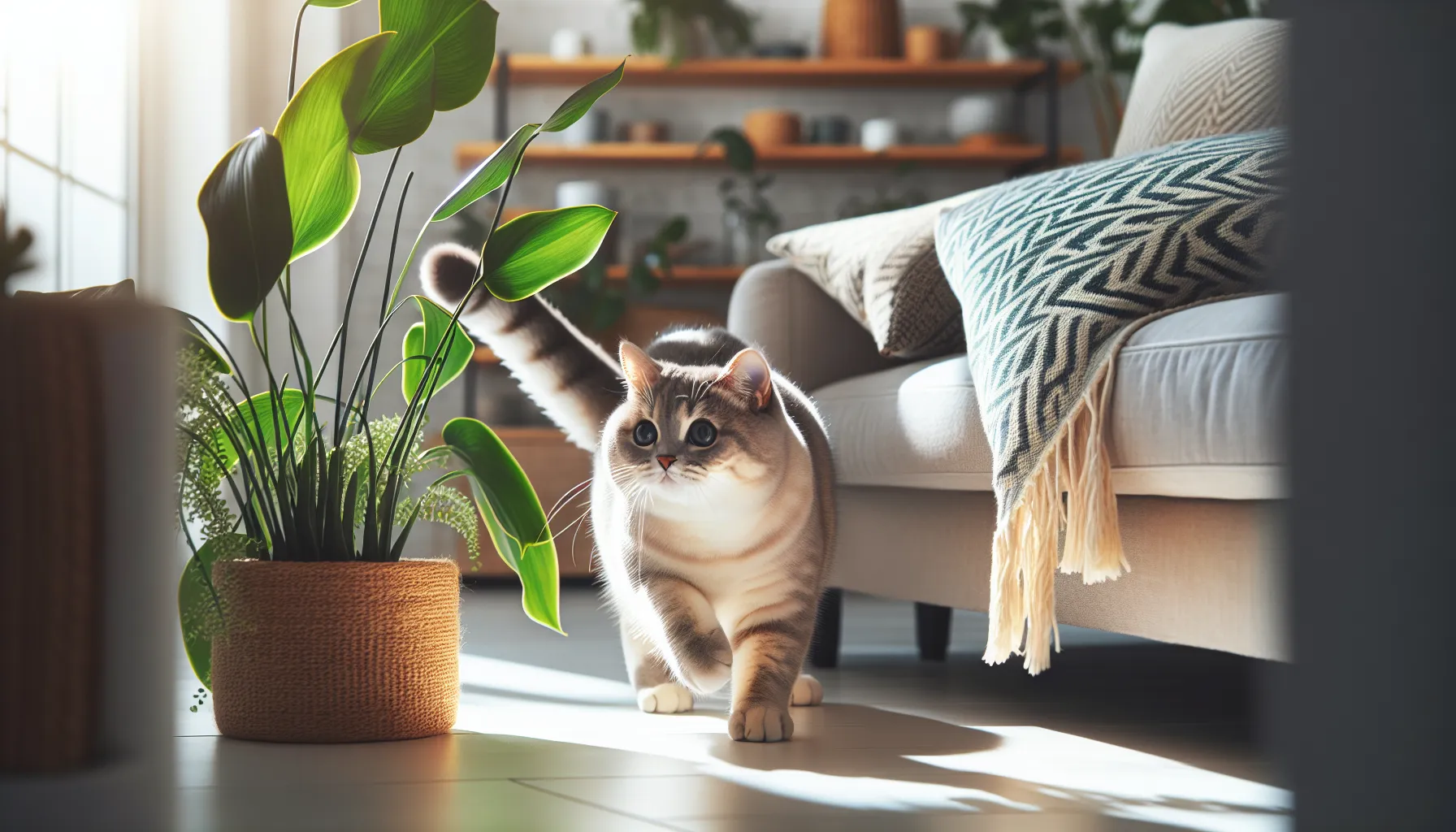 Imagen de un gato jugando cerca de plantas seguras para mascotas en una casa.
