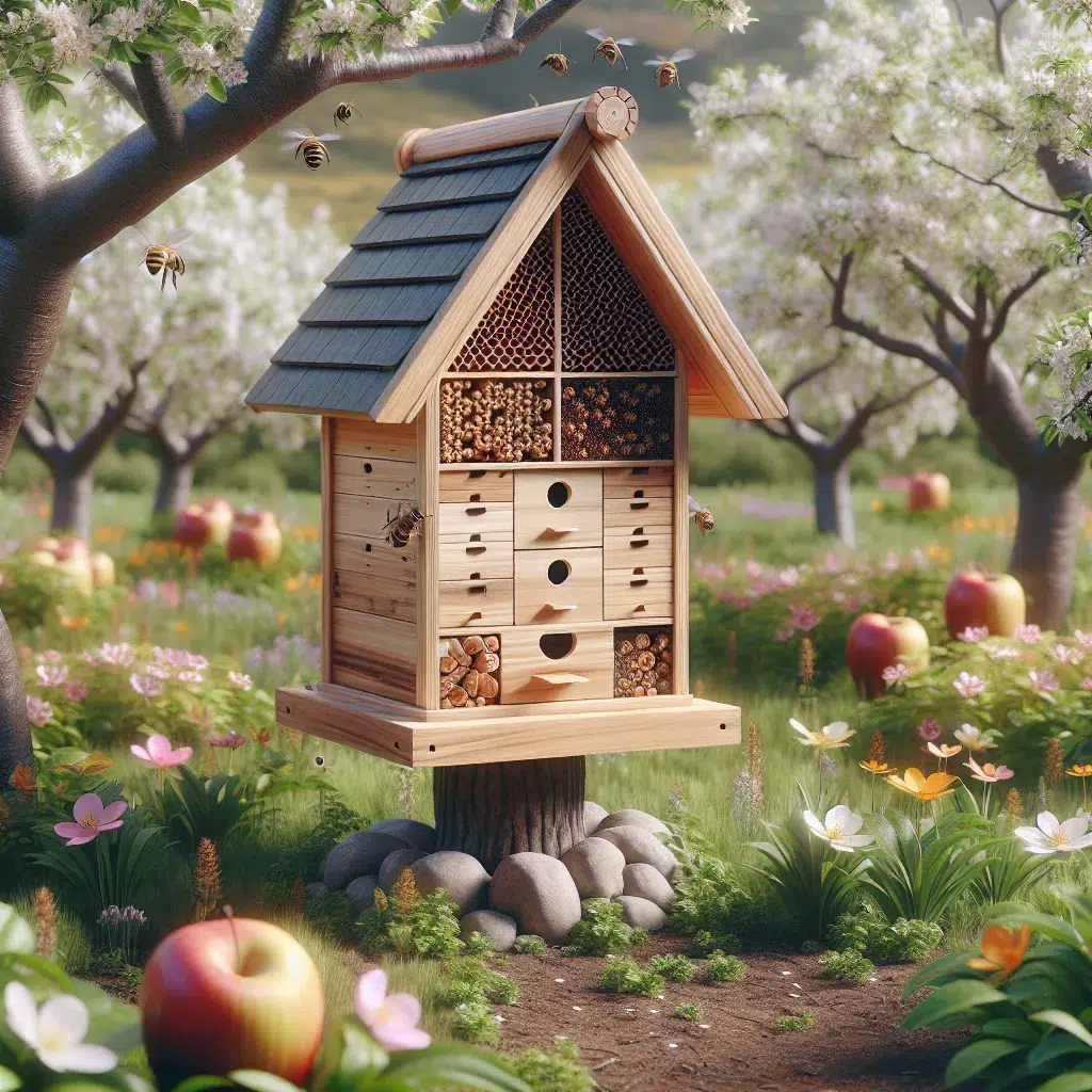 Imagen de una Casa de Insectos colocada estratégicamente en un huerto, rodeada de plantas florecientes y abejas polinizadoras.