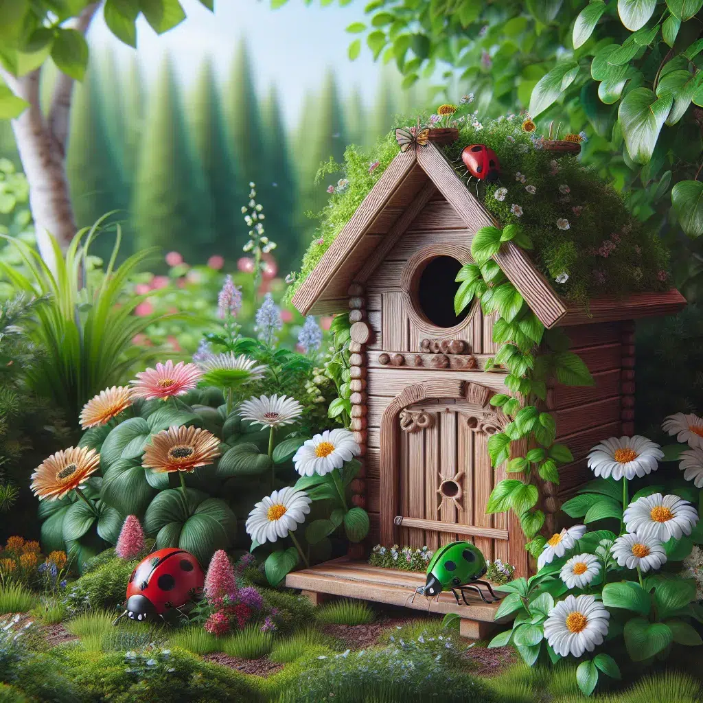 Imagen de una Casa de Insectos decorativa colocada en un huerto, rodeada de plantas verdes y flores brillantes.