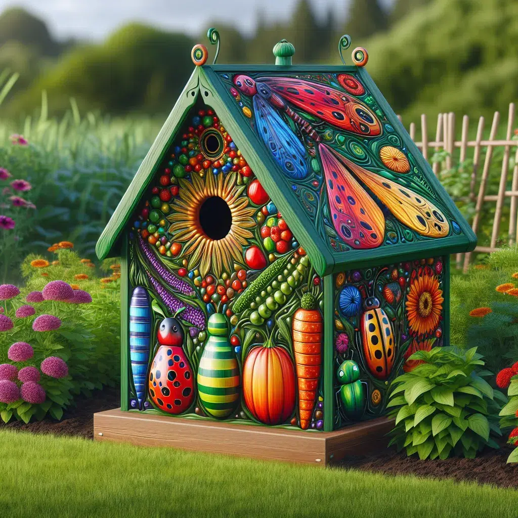 Imagen de una Casa de Insectos decorativa y colorida en un jardín, ideal para atraer insectos beneficiosos a tu huerto.