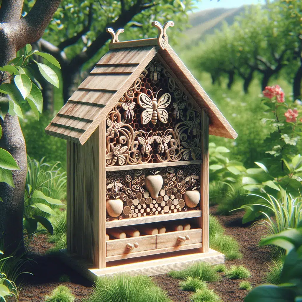 Imagen de una casa de insectos decorativa en un huerto, rodeada de plantas verdes. Perfecta para atraer insectos beneficiosos al jardín.