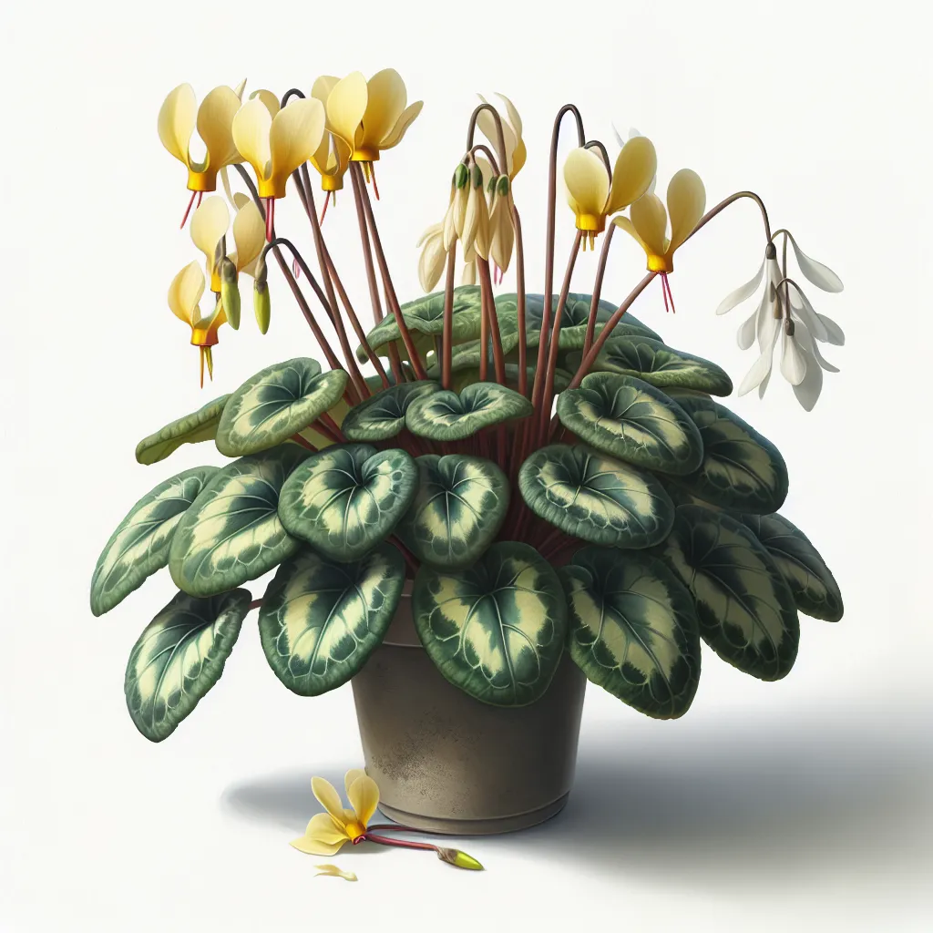 Imagen de un ciclamen con hojas amarillas y flores caídas, ilustrando el problema a tratar en el artículo sobre cómo revivir esta planta.