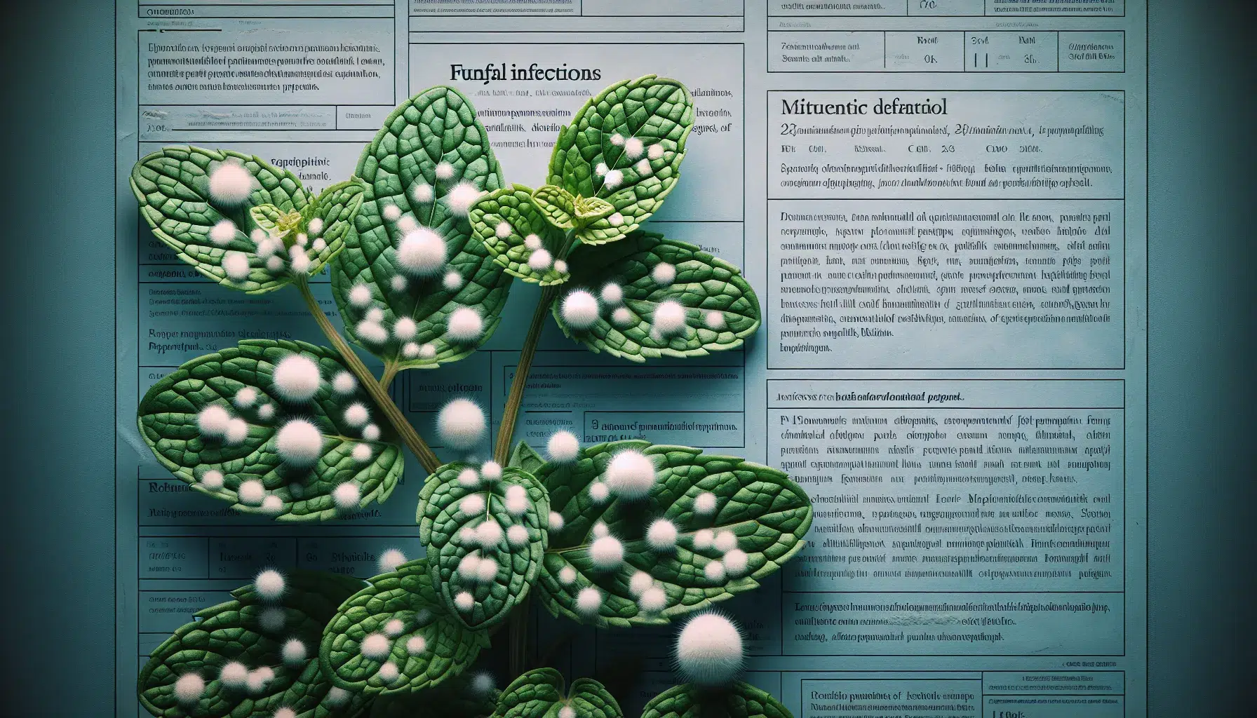Imagen de hojas de hierbabuena con manchas blancas e información sobre hongos en la planta