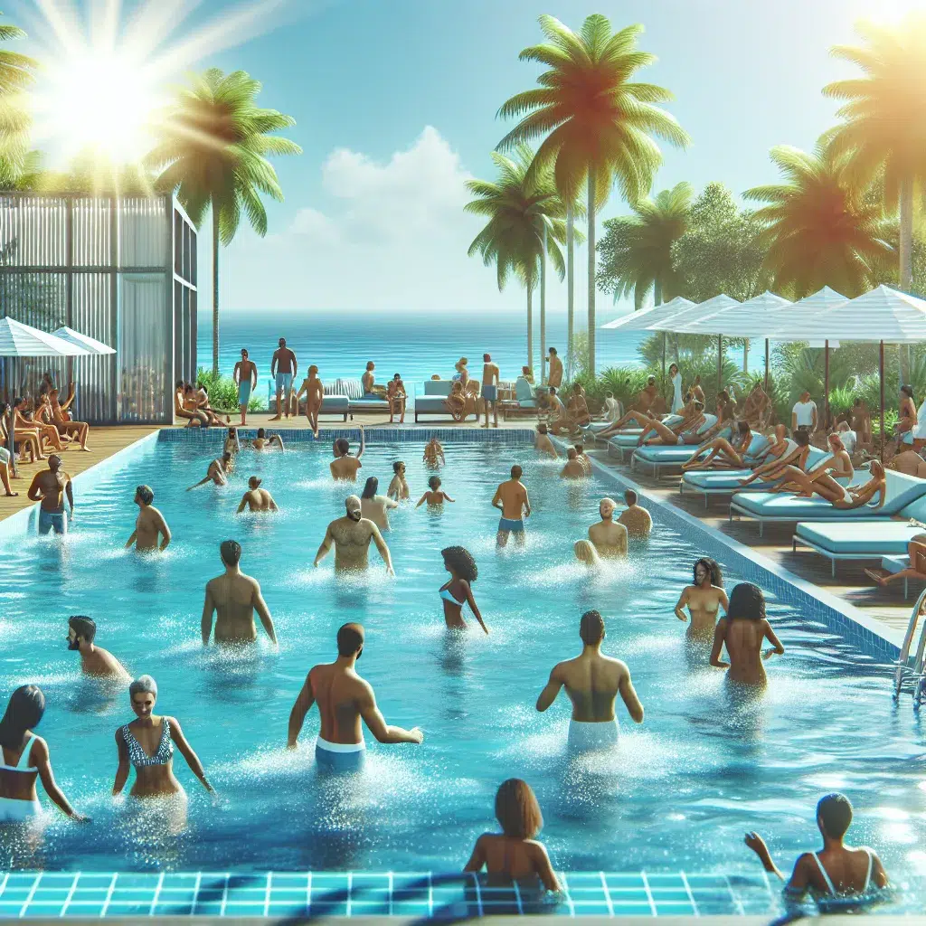 Personas disfrutando de nadar en una piscina de agua salada bajo el sol.