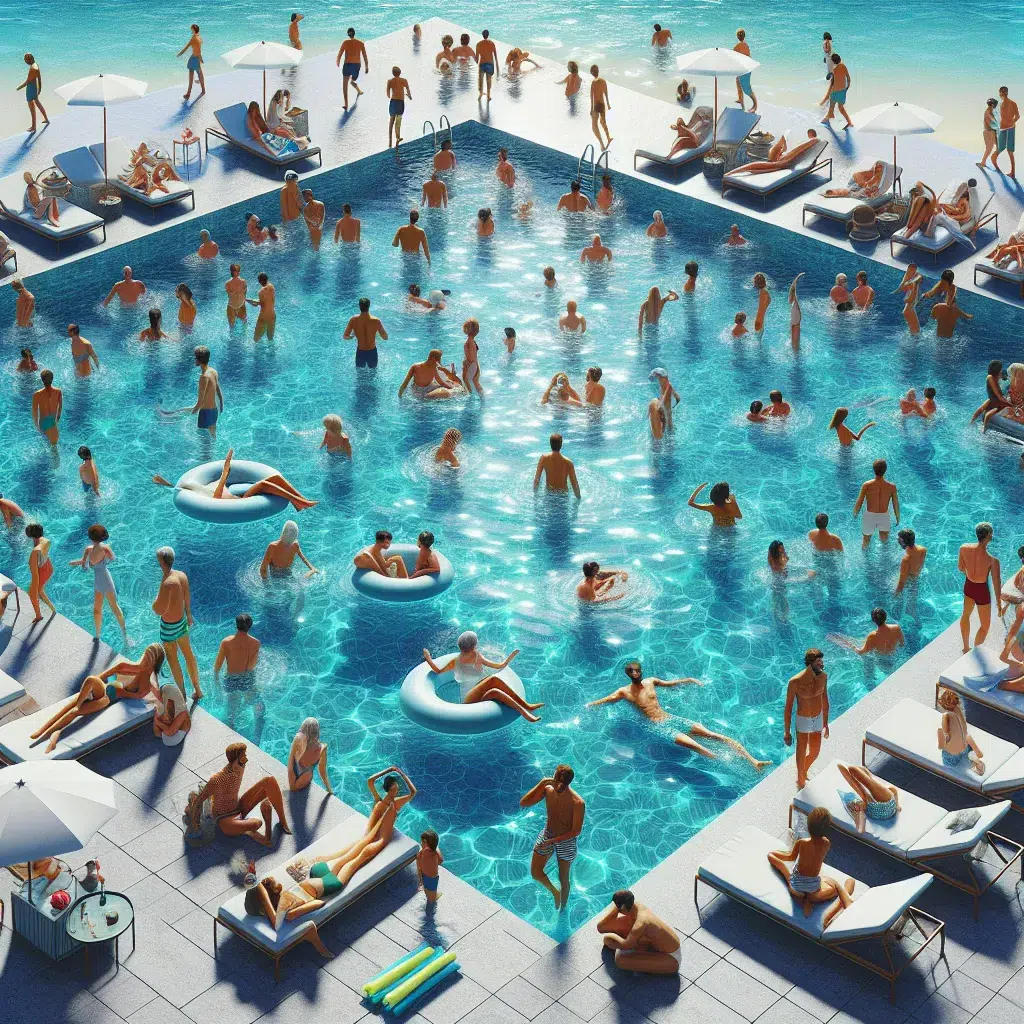 Imagen de una piscina de agua salada con personas disfrutando y relajándose en el agua cristalina y refrescante.