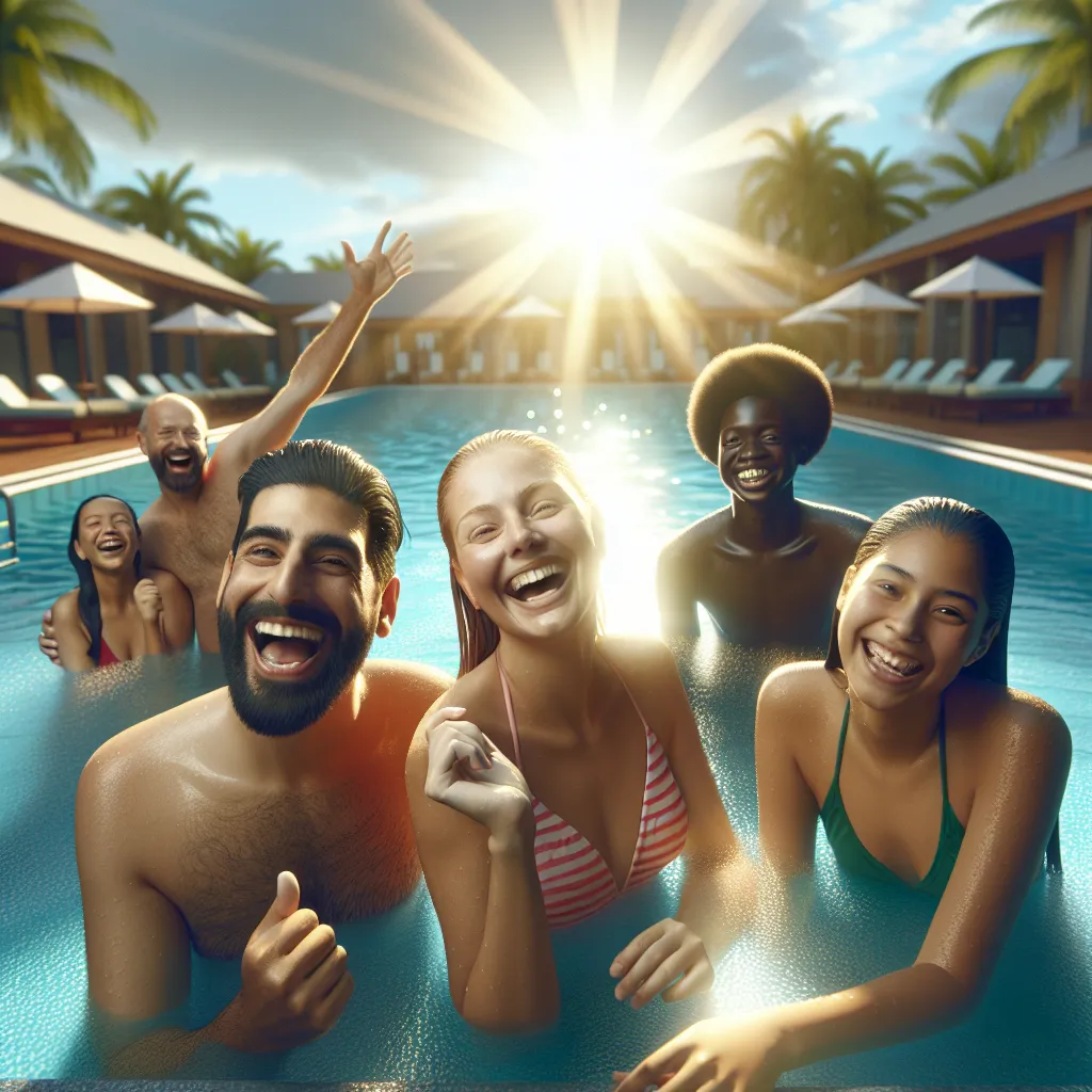 Personas felices nadando y disfrutando de una piscina de agua salada en un día soleado.
