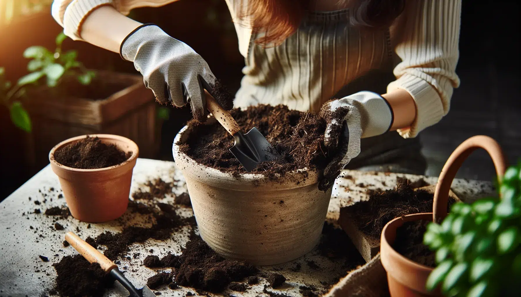 Imagen de una persona mezclando abono orgánico con tierra en una maceta, ilustrando el proceso de mejora de la tierra para sembrar en macetas y huertos.