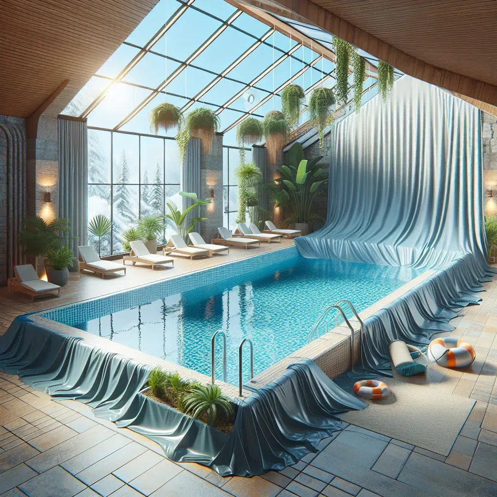 Imagen de una piscina cubierta con una lona protectora