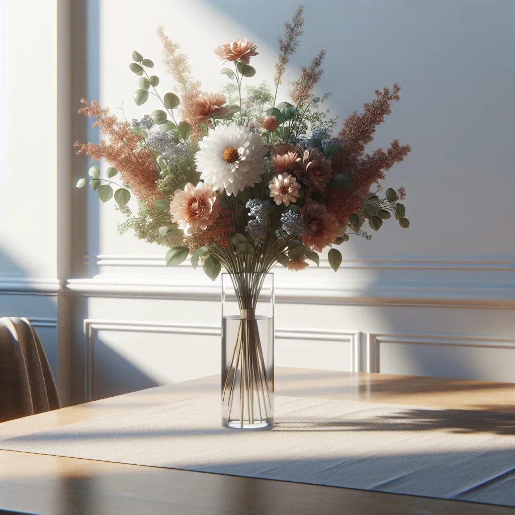 Un hermoso ramo de flores frescas en un jarrón transparente sobre una mesa bien iluminada.
