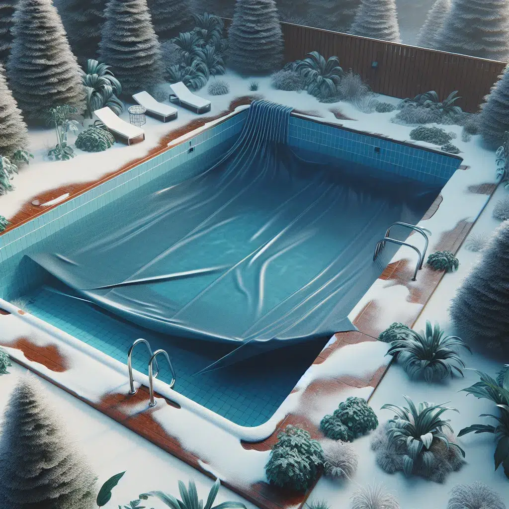 Imagen de una piscina en invierno con una cubierta protectora y sin agua, listo para su mantenimiento.