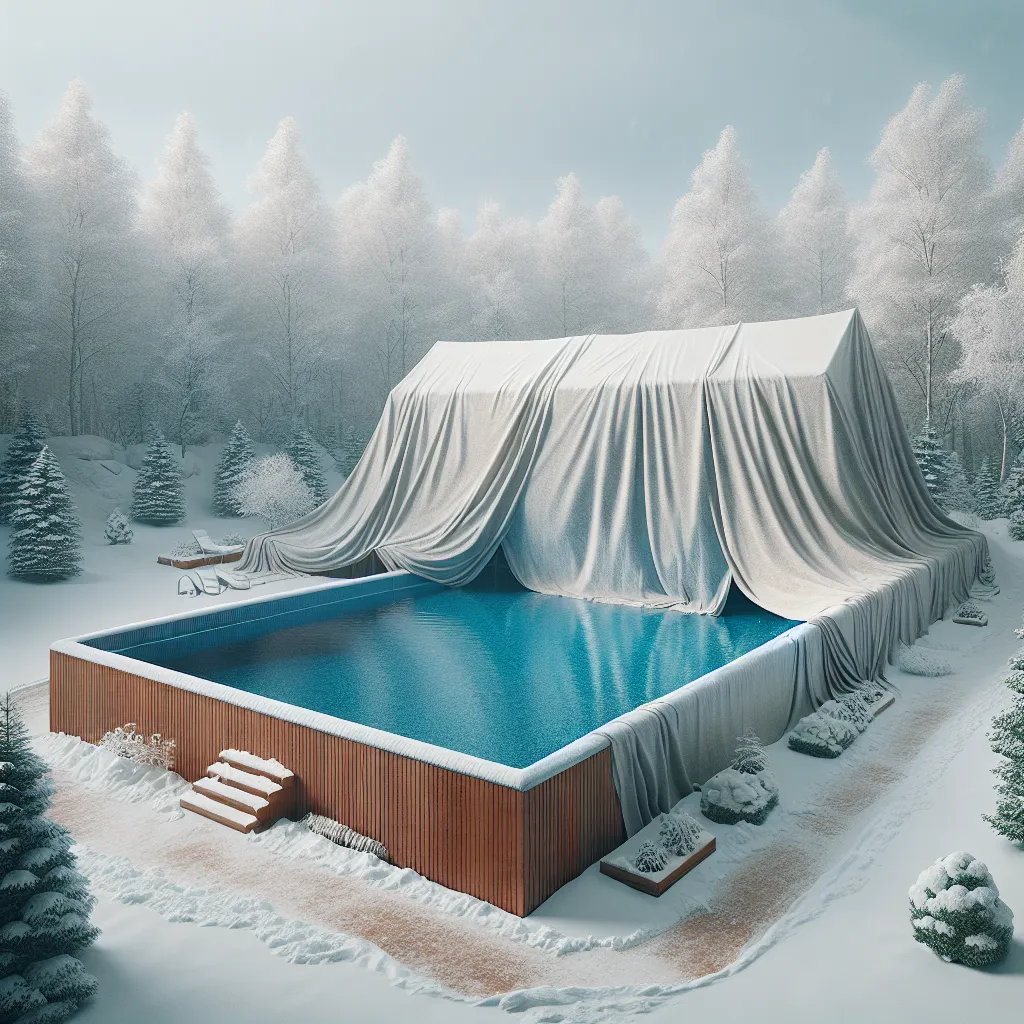 Imagen de una piscina cubierta con una lona protectora y rodeada de árboles en un día de invierno.