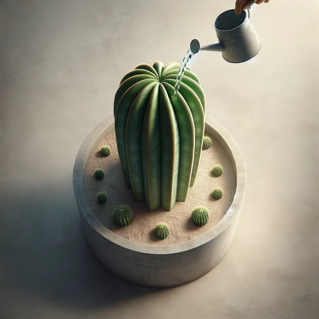 Imagen de un cactus recibiendo agua en la base de la maceta para ilustrar la técnica adecuada de riego de cactus.